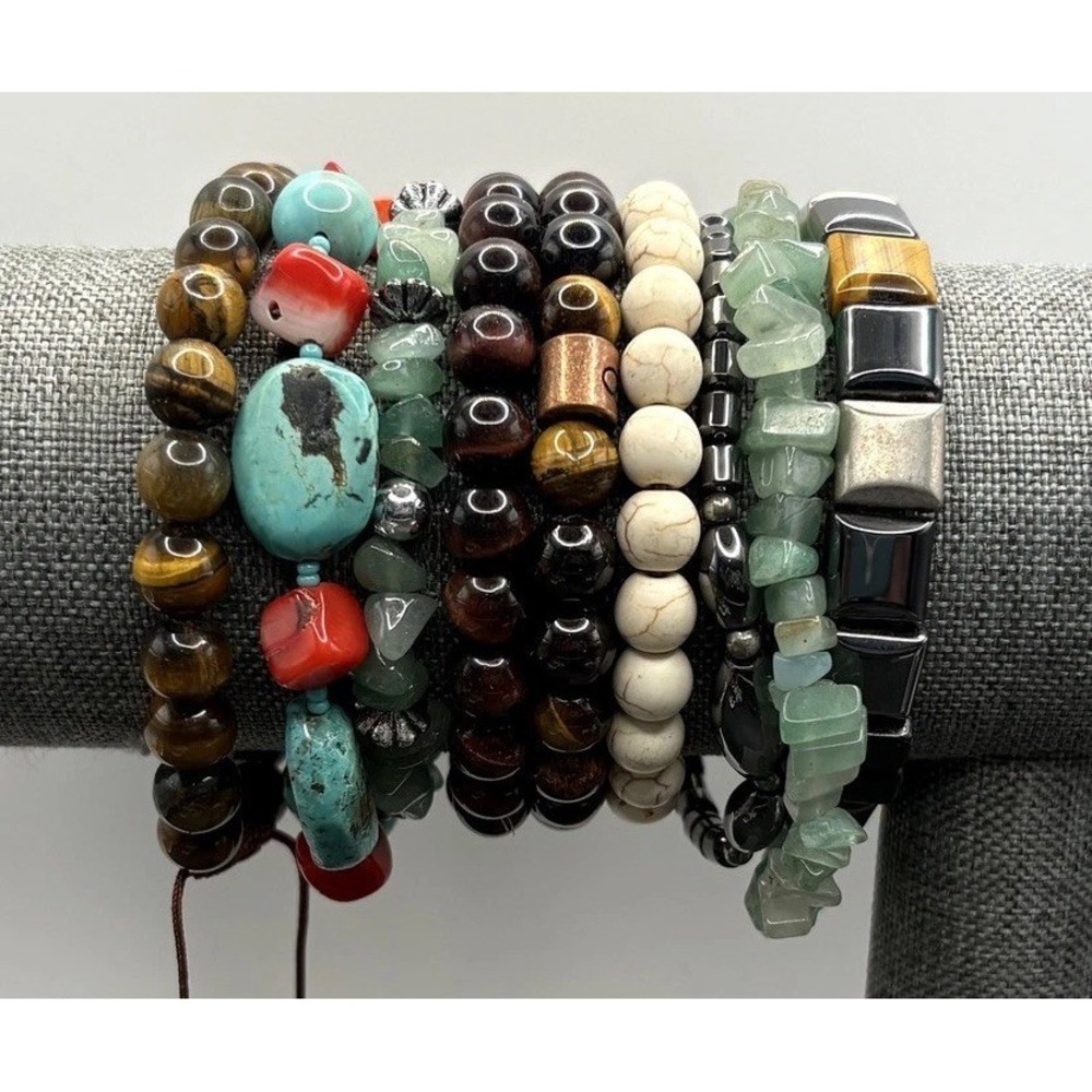 Lot Of 9 Mixed Stone Beaded Bracelets - Tiger Eye Howlite Hematite